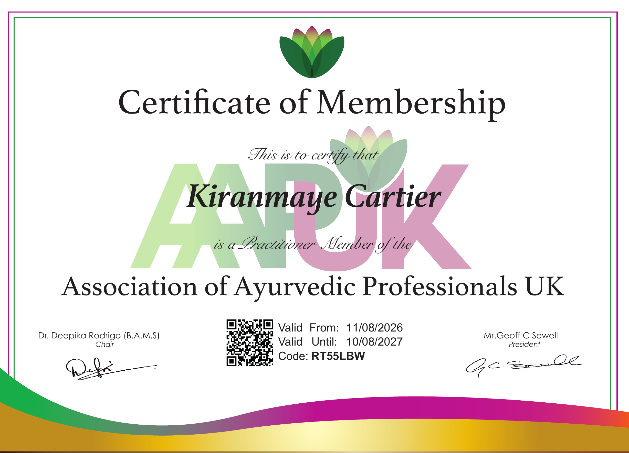 AAPUK Certificate of Membership for Kiranmaye Cartier, Practitioner Member, valid August 2026 to August 2027.