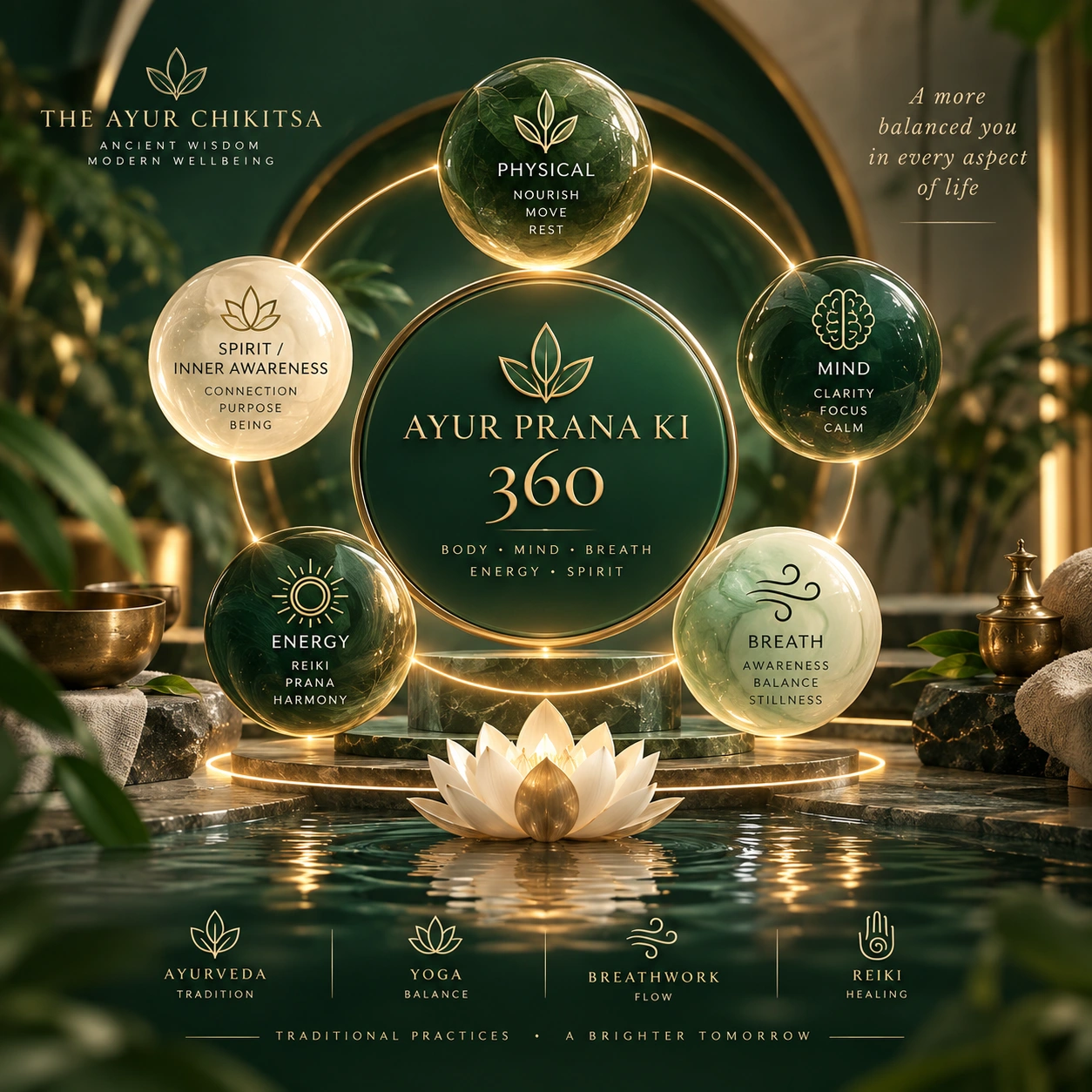 Visual representation of the Ayur Prana Ki 360 Wellness framework showing Physical, Mind, Breath, Energy and Spirit around the central Ayur Prana Ki 360 concept.