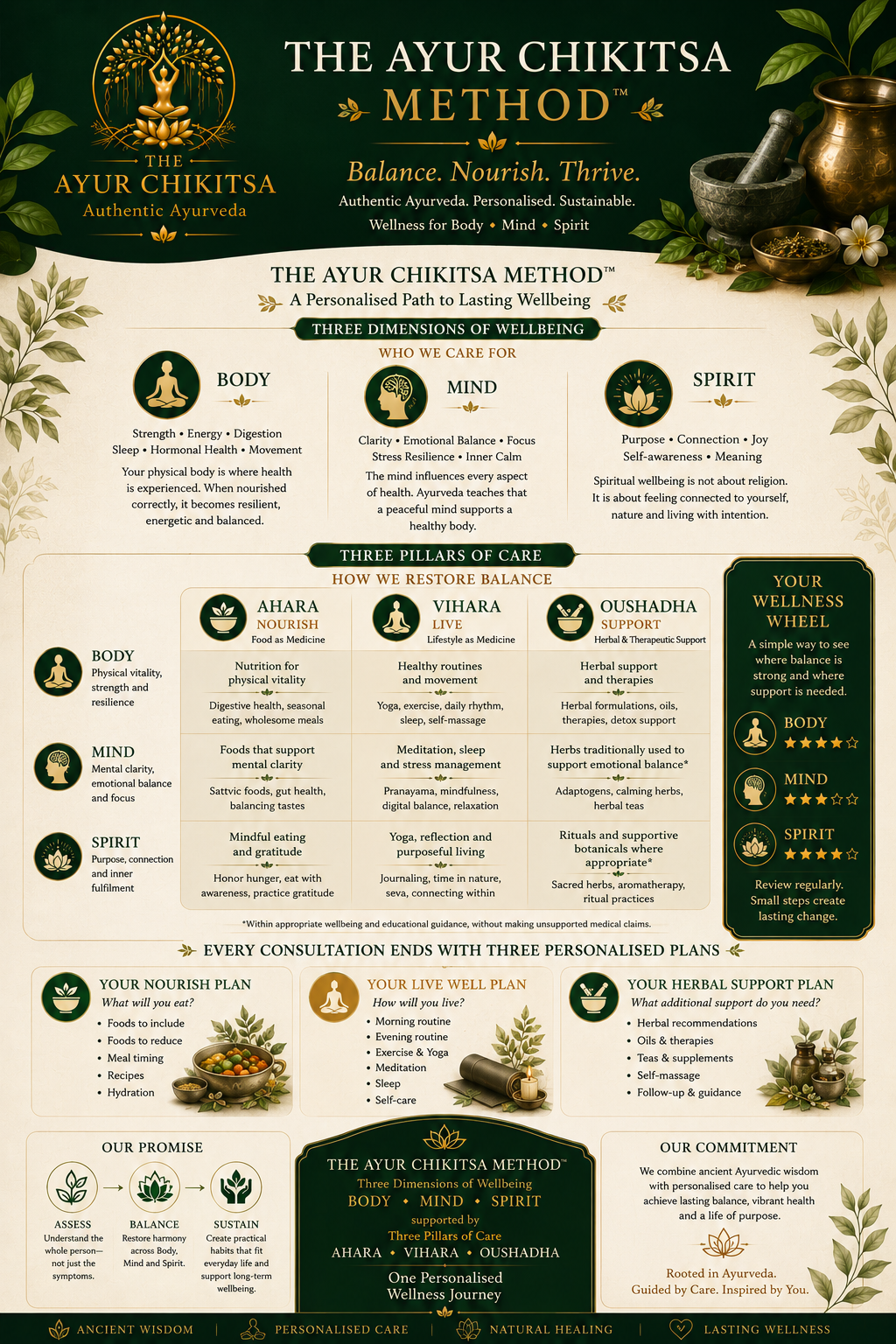 The Ayur Chikitsa Method — Three Dimensions of Wellbeing (Body, Mind, Spirit) supported by Three Pillars of Care (Ahara, Vihara, Oushadha) leading to a personalised wellness journey