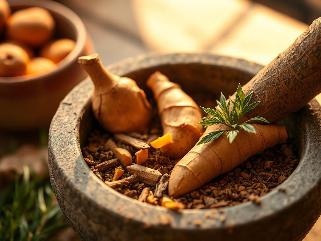 Fresh ginger, turmeric and Ayurvedic spices in a stone mortar