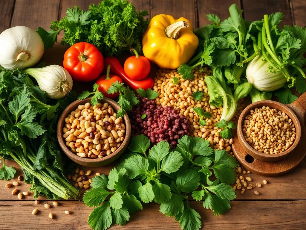 Fresh seasonal vegetables, grains and leafy greens on a wooden table