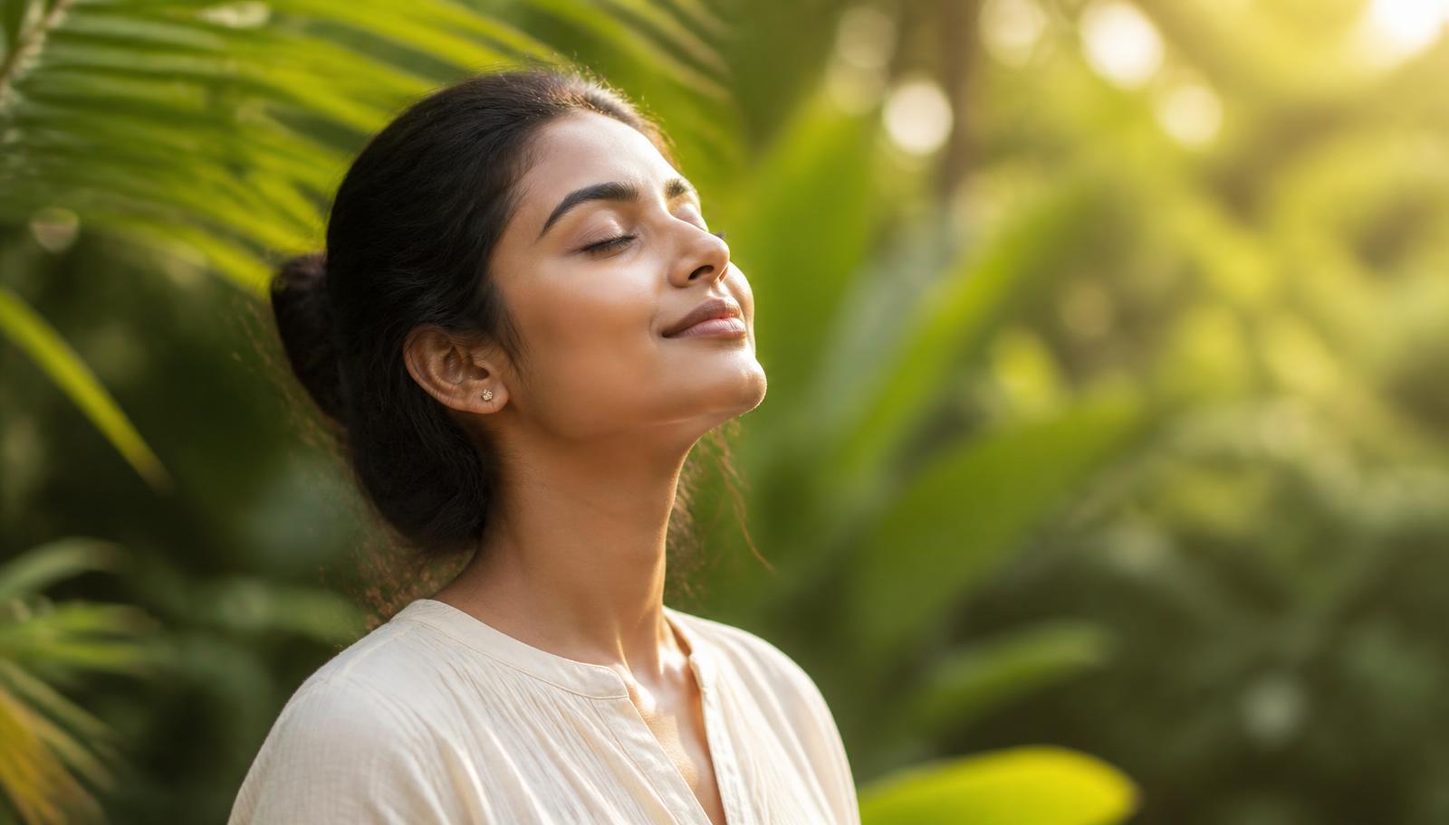 A woman breathing calmly in soft daylight