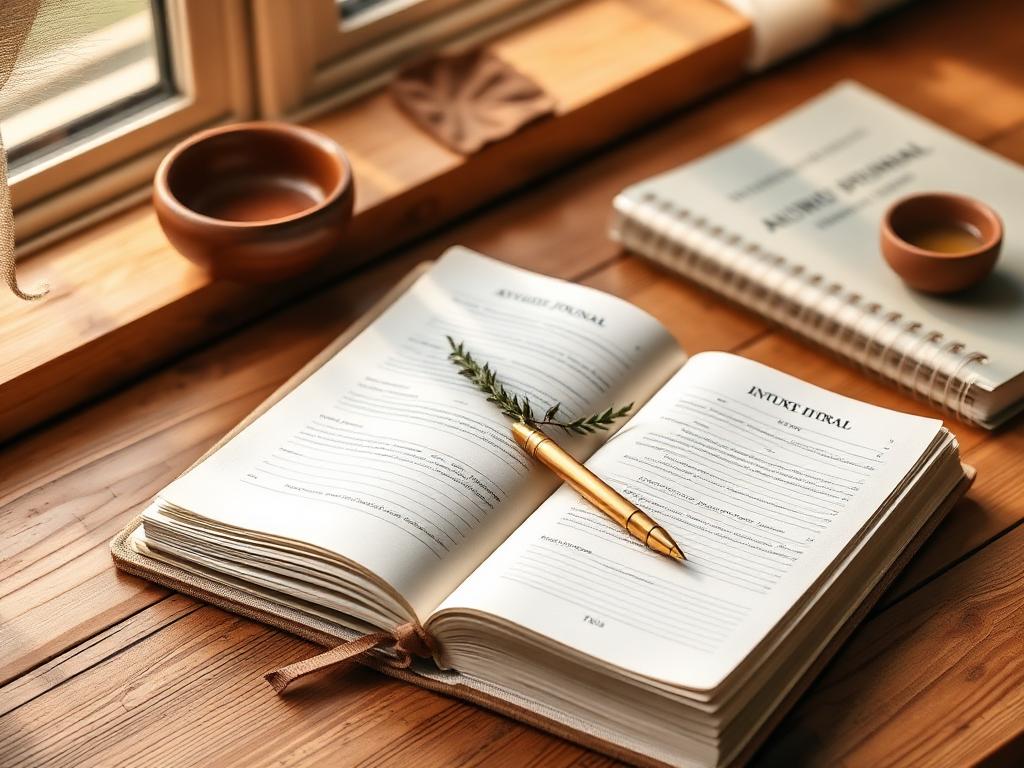 An open Ayurvedic intake journal with a brass pen and tulsi sprig on a wooden desk