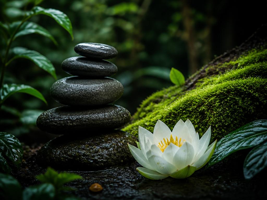 Stacked smooth stones beside moss and a white lotus — Kapha dosha