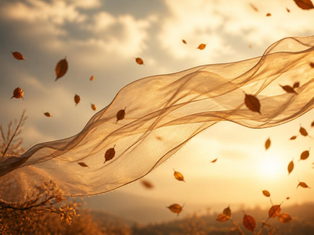 Sheer linen fabric drifting in the wind at golden hour with autumn leaves — Vata dosha