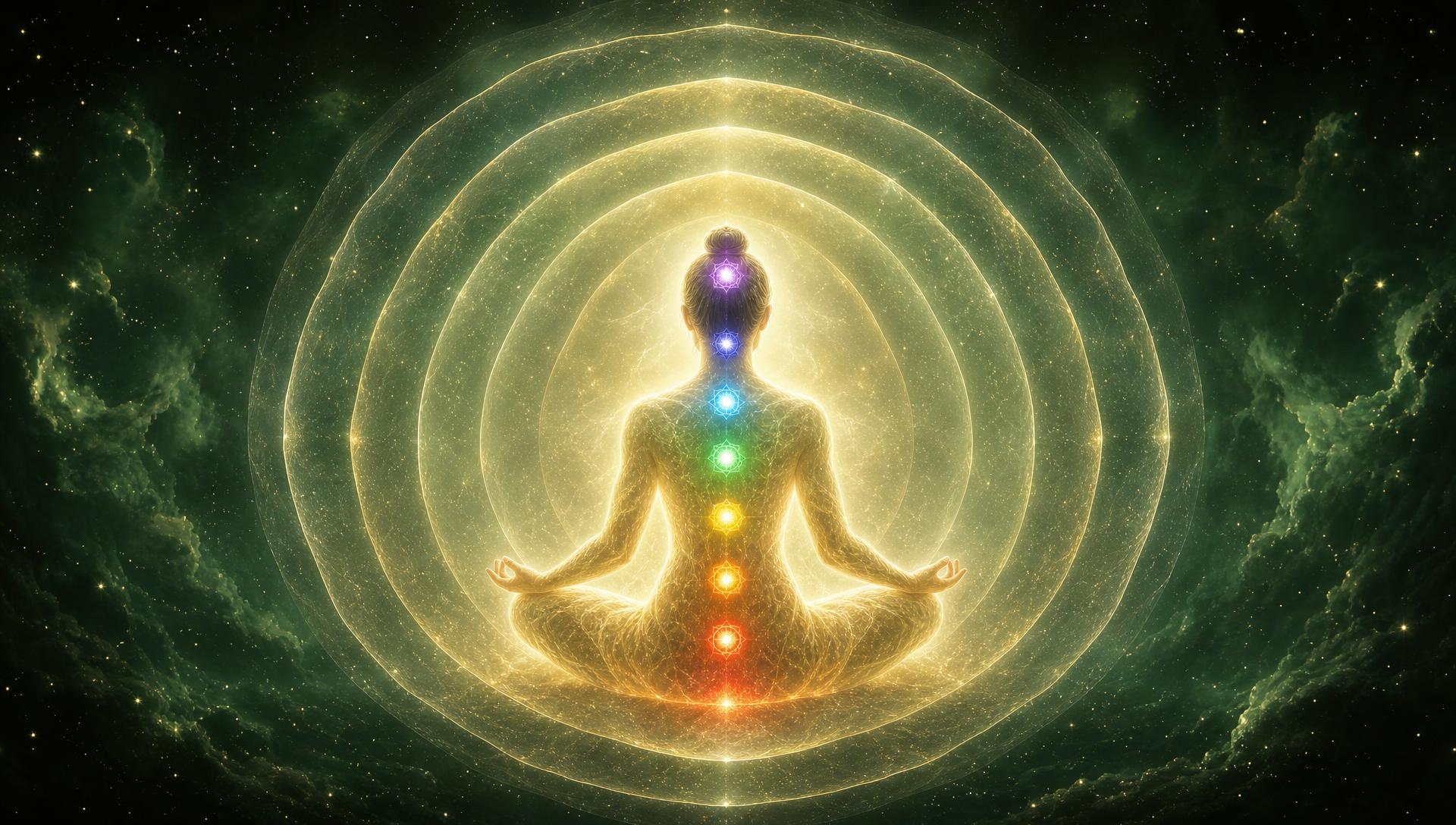 A figure seated in Sukhasana viewed from behind, the whole body luminous, seven chakra centres aligned along the spine and five layers of light expanding outward into the universe