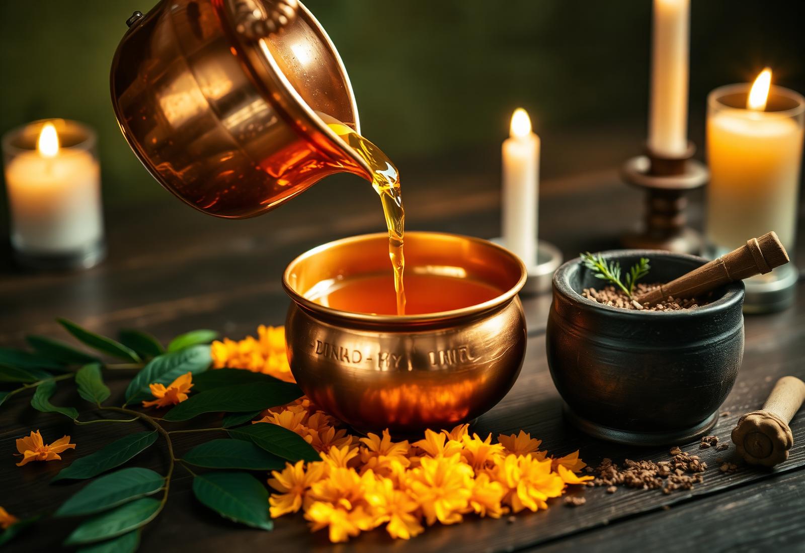 Ayurvedic massage with golden oil and marigold petals
