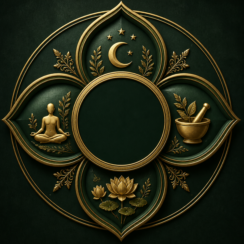 An Ayurvedic lotus with four petals representing calm and rest, digestion and vitality, movement and comfort, and women’s wellbeing.